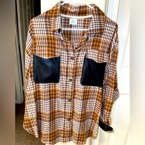 Blue Buttercup Oversized Rust & Black‎ Plaid Flannel W/ Faux Leather Accents